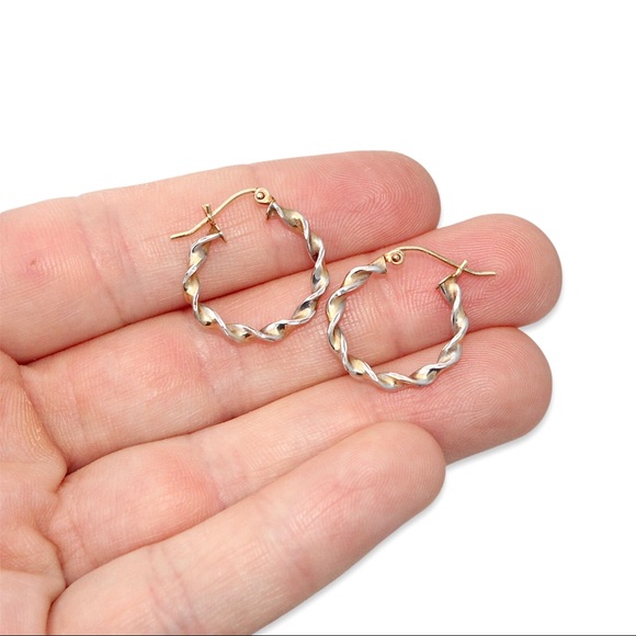 Vintage 14K Gold Twisted Hoop Earrings Two Tone Twist Hoops Rhodium Plated 0.75” - Picture 3 of 4